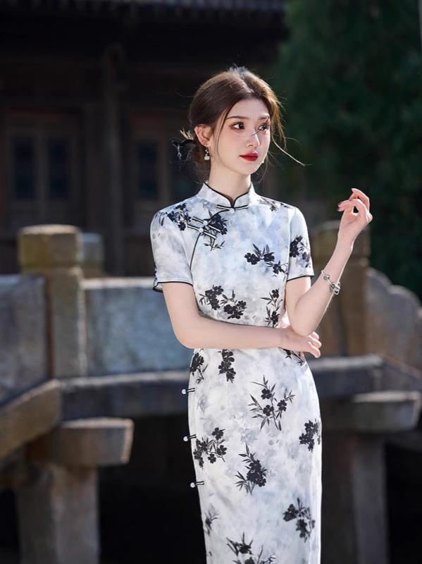 チャイナドレス レディース ロング ワンピース 民族衣装 立ち襟 ジャガード 風 三分袖 高スリット 着痩せ スリム エレガント レトロ 水..