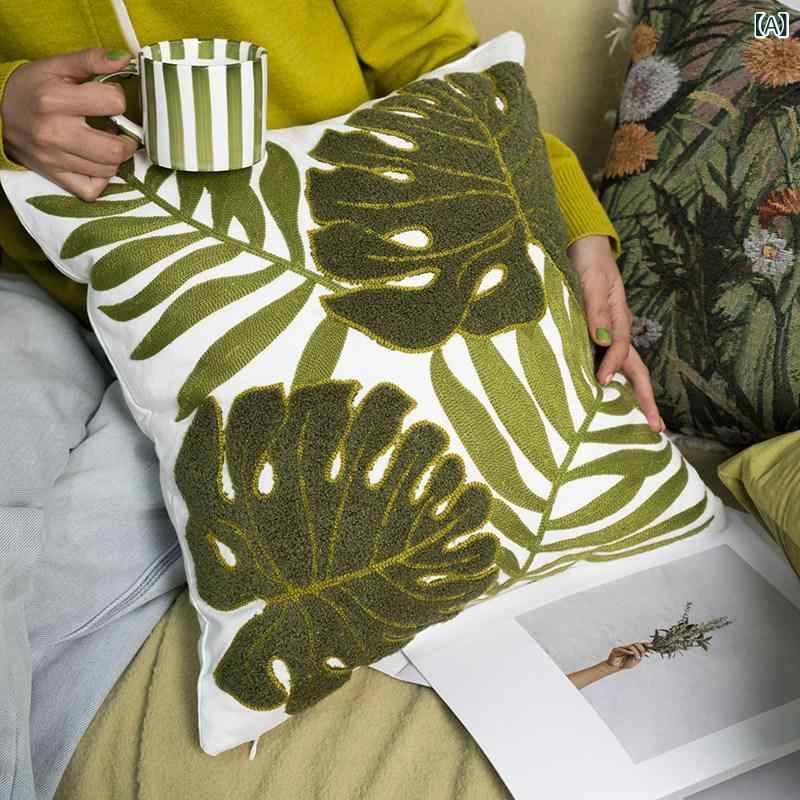 クッションカバー おしゃれ インテリア リビング ソファ 寝室 北欧 刺繡 油絵風 緑 幻想的 ナチュラル アート スクエア 抱き枕 洗える ポリエステル 癒やし フリンジ [2]