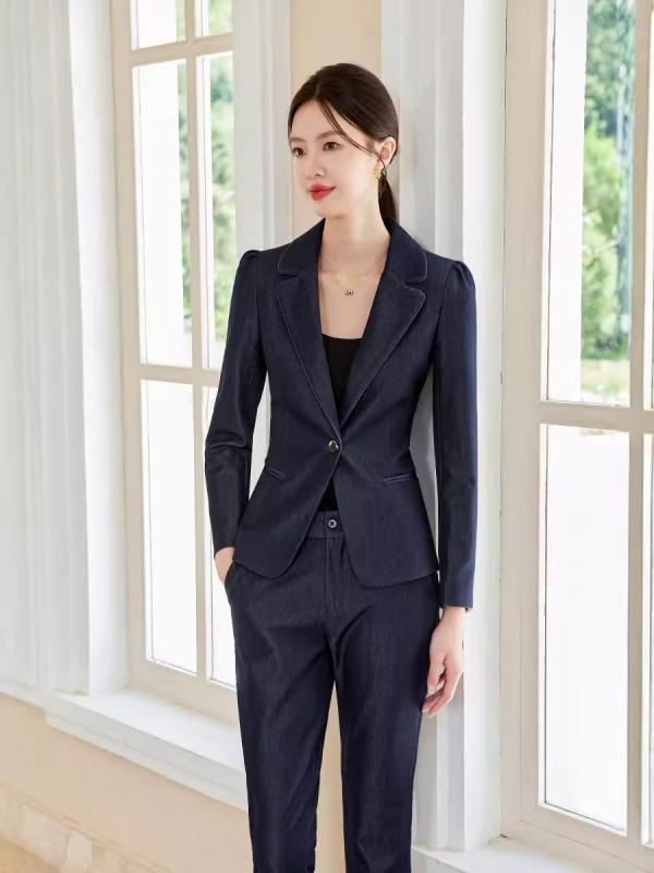Pants Suit - スーツ レディース セットアップ パンツスーツ ジャケット ロングパンツ 上下セット ビジネス 通勤 面接 フォーマル 事務服 オフィス 制服 就活 上品 高級感 清楚 快適 伸縮性 ストレッチ ポリエステル 秋冬 ネイビー ブラック 30代