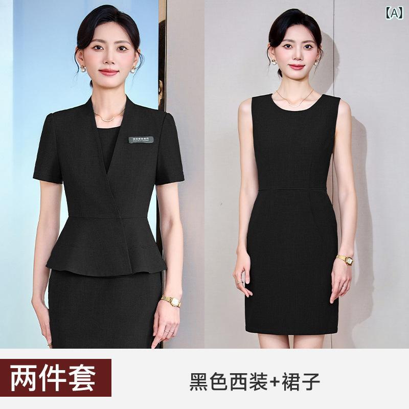 フロントップ楽天市場店のセットアップ レディース 春夏 半袖 スカートスーツ 事務服 受付 フロント 美容師 制服 エレガント 高級感 スリム タイト ポリエステル 通勤 ビジネス オフィス OL フォーマル 膝丈 ママスーツ セレモニー 黒 青 グレー｜アングル2