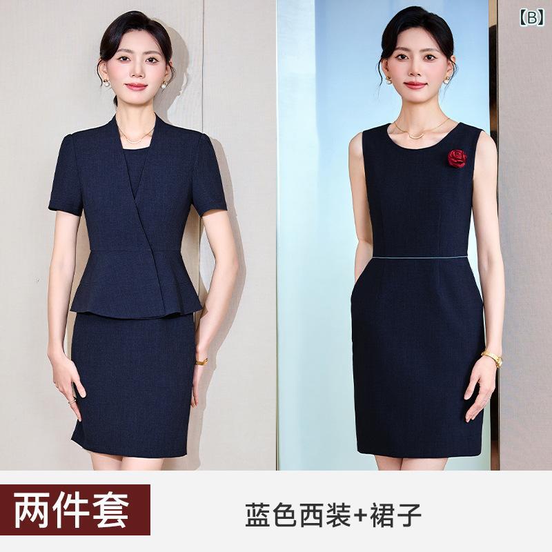 フロントップ楽天市場店のセットアップ レディース 春夏 半袖 スカートスーツ 事務服 受付 フロント 美容師 制服 エレガント 高級感 スリム タイト ポリエステル 通勤 ビジネス オフィス OL フォーマル 膝丈 ママスーツ セレモニー 黒 青 グレー｜アングル3