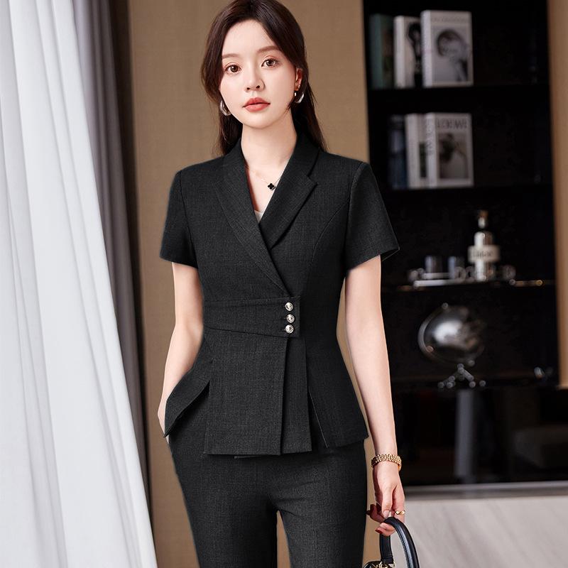 乐天商城 - セットアップ レディース 春夏 事務服 制服 通勤 スーツ 半袖 テーラードジャケット スカート パンツ フォーマル 高級感 ストレッチ ポリエステル 伸縮性 防シワ 無地 ブラック グレー ブルー スタイリッシュ