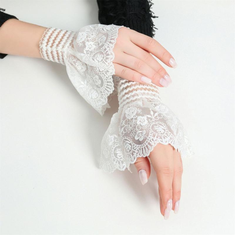 Arm Warmers - 付け袖 レディース アームカバー レース チュール メッシュ プリーツ フリル カフス 綿 コットン 白 ロリータ ガーリー かわいい フェミニン エレガント 重ね着風 レイヤード 装飾 おしゃれ 普段使い パーティー フォーマル 秋冬