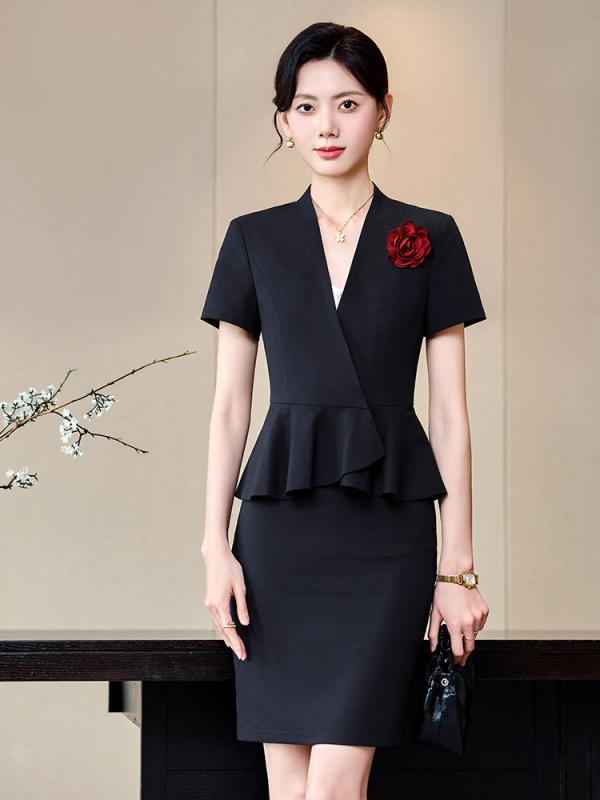 スーツセット レディース 春夏 半袖 ジャケット スカート パンツ セットアップ 上下セット オフィス ビジネス 事務服 制服 仕事着 ユニフォーム 通勤 ホテル 受付 美容院 スリムフィット 着痩せ 上品 エレガント きれいめ ポリエステル ブラック