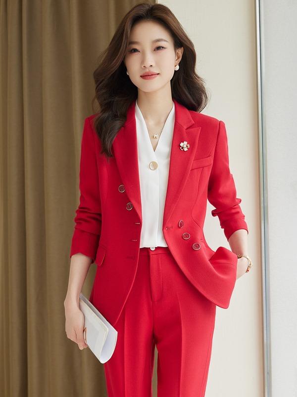 セットアップ レディース スーツ テーラードジャケット テーパードパンツ 長袖 シャツ ブラウス 通勤 事務服 美容院 ビジネス フォーマル 高級感 清楚 きれいめ 大人 無地 ポリエステル 秋冬 レッド ブラック ブルー