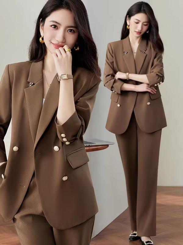 Pants Suit - パンツスーツ レディース セットアップ 上下セット 2点セット テーラードジャケット ロングパンツ スラックス ビジネス フォーマル 通勤 事務服 仕事着 高級感 エレガント 気品 春夏 ポリエステル 長袖 無地 シンプル 黒 茶 ベージュ