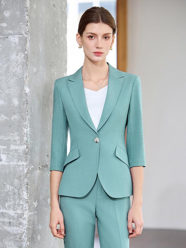 Pants Suit - スーツ レディース 春夏 セットアップ テーラードジャケット 七分袖 九分丈 パンツ ズボン 通勤 オフィス ビジネス フォーマル 上品 高級感 薄手 ポリエステル スカイブルー アプリコット パープル