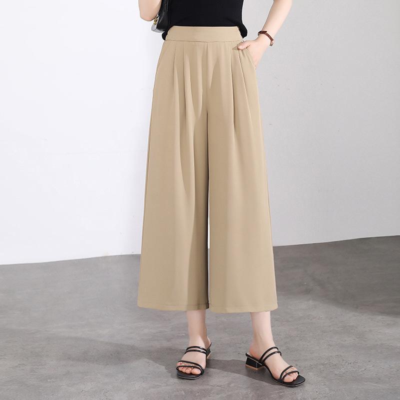 ワイドパンツ レディース 九分丈 クロップドパンツ ガウチョパンツ ボトムス ハイウエスト ウエストゴム 後ろゴム 落ち感 ゆったり 着痩せ 美脚 脚長 カジュアル きれいめ 通勤 オフィス 仕事用 シンプル 春夏 ポリエステル 薄手 伸縮性 高級感
