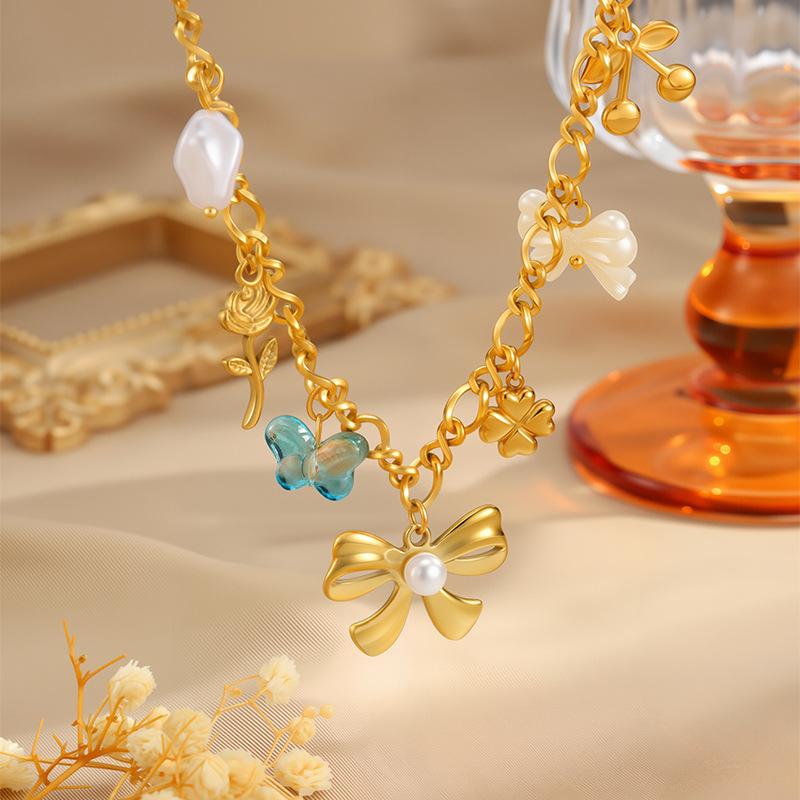 Blue - ネックレス レディース リボン パール チタン鋼 ステンレス チョーカー ペンダント アクセサリー ビンテージ調 華奢 エレガント 上品 高級感 金 41-50cm 春夏 通勤 オフィス 電気メッキ加工 鎖骨チェーン