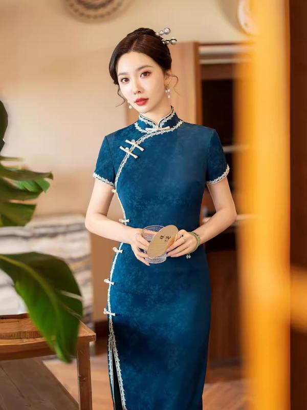 樂天商城 - チャイナドレス レディース チャイナ服 ロング丈 ワンピース ママ ミセス 40代 上品 高級感 レトロ オールド上海風 中華風 モダン アンティーク ヴィンテージ風 春夏 無地 ジャガード織り スタンドカラー 3分袖 ロースリット ファスナー きれいめ
