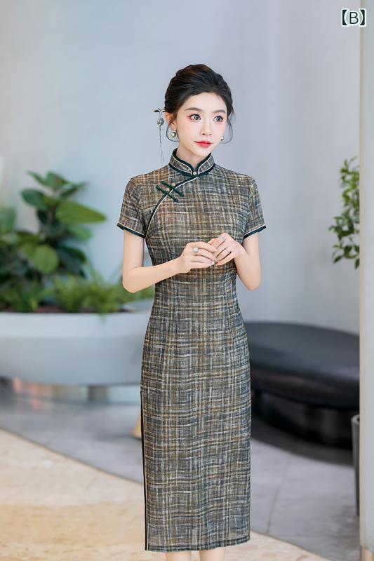 チャイナドレス レディース ロング丈 春夏 チェック柄 レトロ 立襟 ハイネック 三分袖 細見え 着痩せ ウエストマーク ポリエステル 伸縮性 サイドスリット ファスナー パーティー お呼ばれ 普段使い グリーン イエロー 3