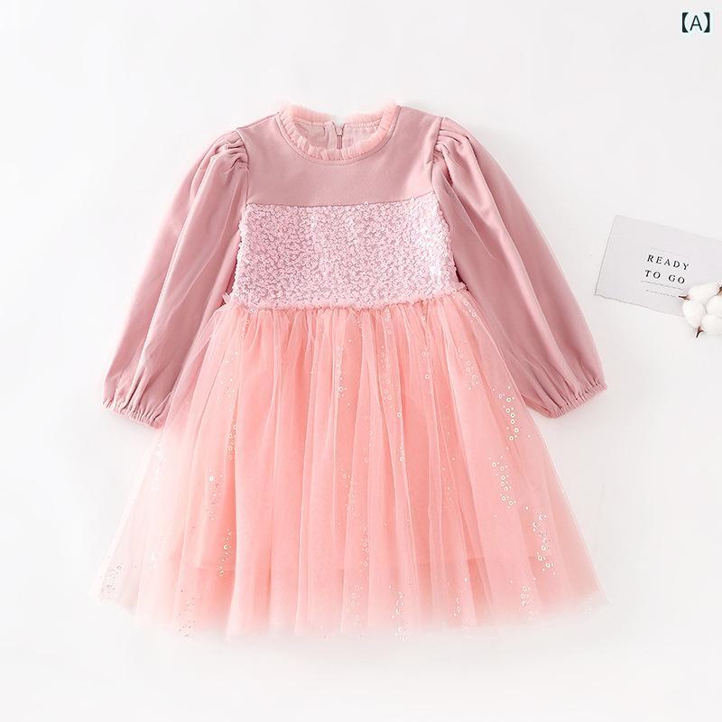 ワンピース キッズ 女の子 チュール メッシュ プリンセスドレス 長袖 秋冬 スパンコール ピンク 子供服 こども服 おしゃれ 綿混 ポリエステル 柔らかい 無地 シンプル フェミニン かわいい お出かけ 発表会 結婚式