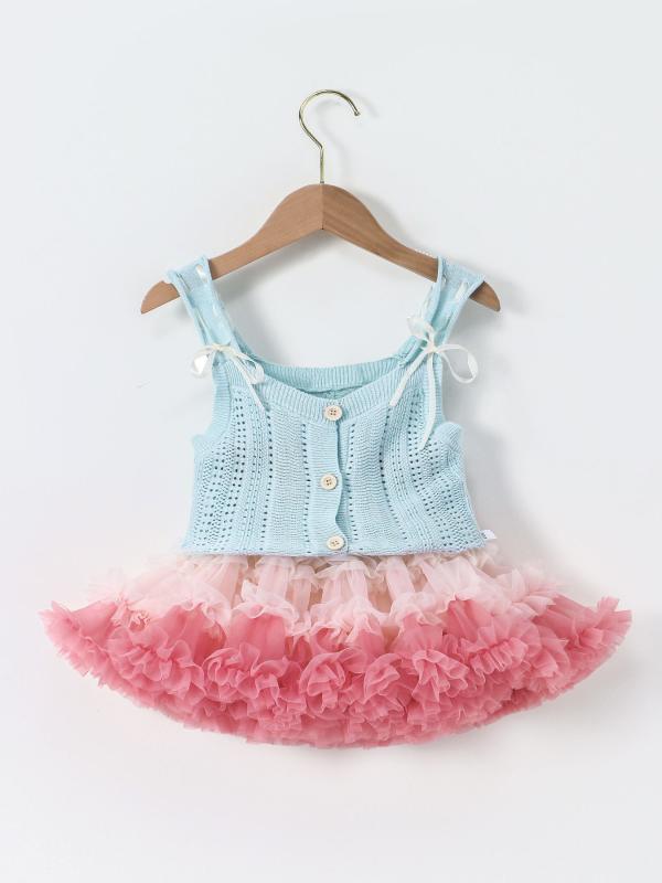セットアップ 女の子 キッズ 子供服 春夏 キャミソール チュチュ チュールスカート ノースリーブ 透かし編み ニット リボン かわいい ガーリー お出かけ 普段使い 通園 ブルー スイカ マルチカラー ポリエステル 薄手 柔らかい
