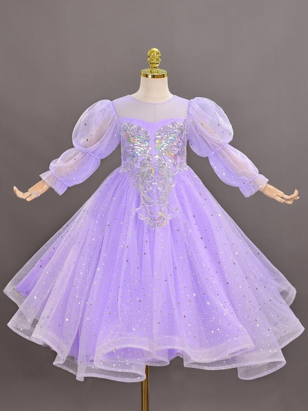 ドレス 女の子 キッズ ワンピース プリンセス チュールスカート パフスリーブ ピアノ発表会 結婚式 演奏会 フォーマル 礼服 パープル 紫 シースルー袖 ふんわり かわいい スウィート プリーツ加工 華やか オールシーズン ポリエステル 裏地