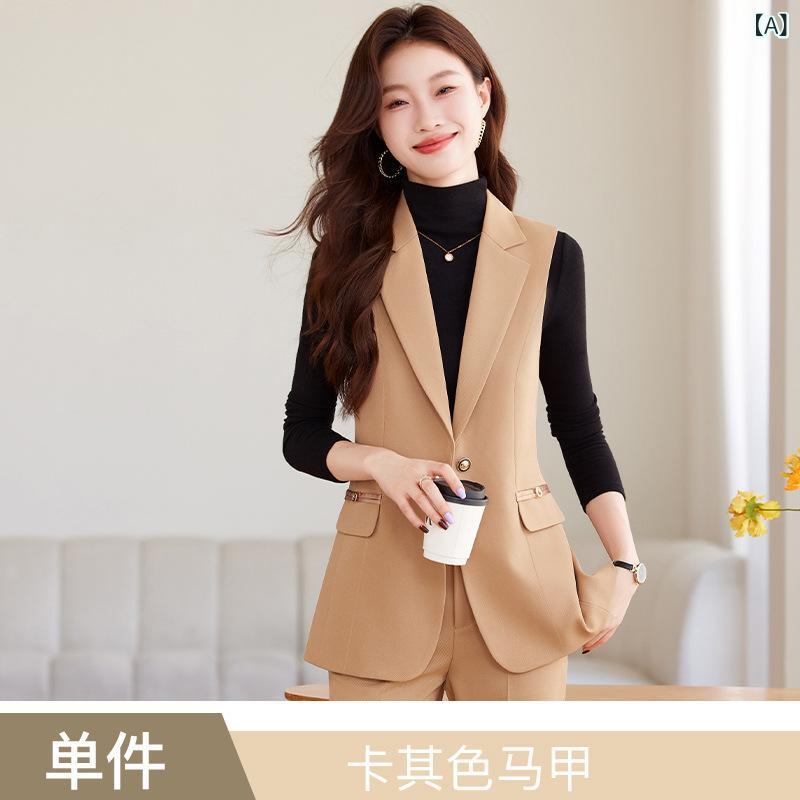 セットアップ レディース 春秋 スーツベスト ジレ チョッキ パンツ 上下セット スラックス 通勤 オフィス ビジネス 事務服 Vネック ボタン 高級感 スリム 無地 ポケット 白 ピンク カーキ ポリエステル 普段使い セレモニー ママ 母親
