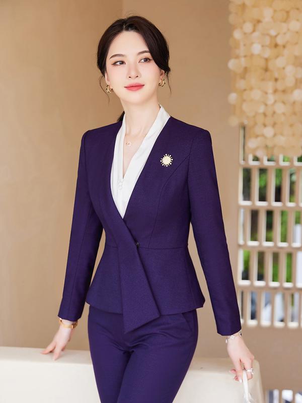 Pants Suit - パンツスーツ レディース 秋冬 長袖 エレガント 上品 きれいめ 高級感 事務服 ビジネス ユニフォーム 接客 受付 ホテル テーラードジャケット スラックス セットアップ ポリエステル ブラック ブルー パープル