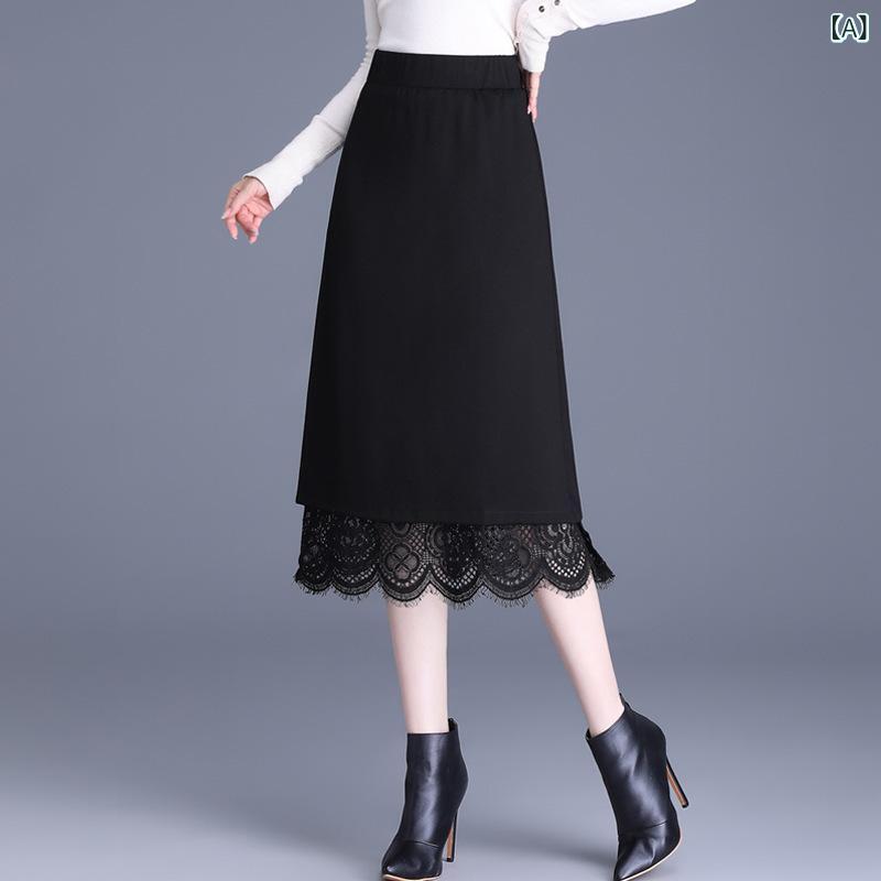 スカート レディース タイト ミディ丈 ミモレ丈 レース リバーシブル Aライン ブラック 通勤 オフィス 仕事用 上品 エレガント カジュアル 秋冬 切り替え ポリエステル 2way ストレッチ 着痩せ 細見え 40代 高級感 かわいい ボトムス きれ frontop-13299851 フロントップ楽天市場店 サンプル画像2
