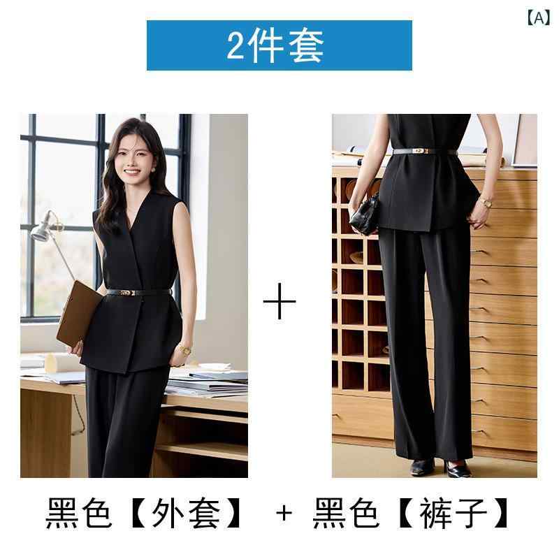 フロントップ楽天市場店のセットアップ レディース トップス ボトムス ストレートパンツ ノースリーブ ウエストマーク 着痩せ 高級感 上品 通勤 オフィス 事務服 カジュアル 春夏 無地 ポケット 伸縮性 ポリエステル ブラック ホワイト 40代 きれいめ｜アングル2