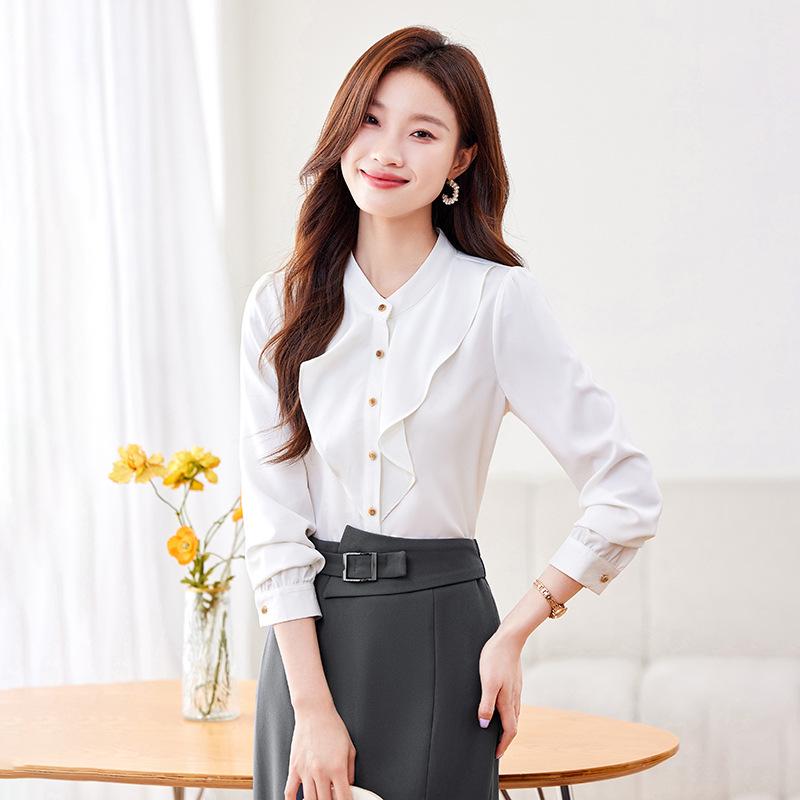 セットアップ レディース ブラウス スカート シャツ 事務服 通勤 オフィス トップス ボトムス フリル 長袖 丸襟 シフォン ポリエステル きれいめ 上品 清楚 秋冬 ホワイト アプリコット グレー ビジネス ボタン