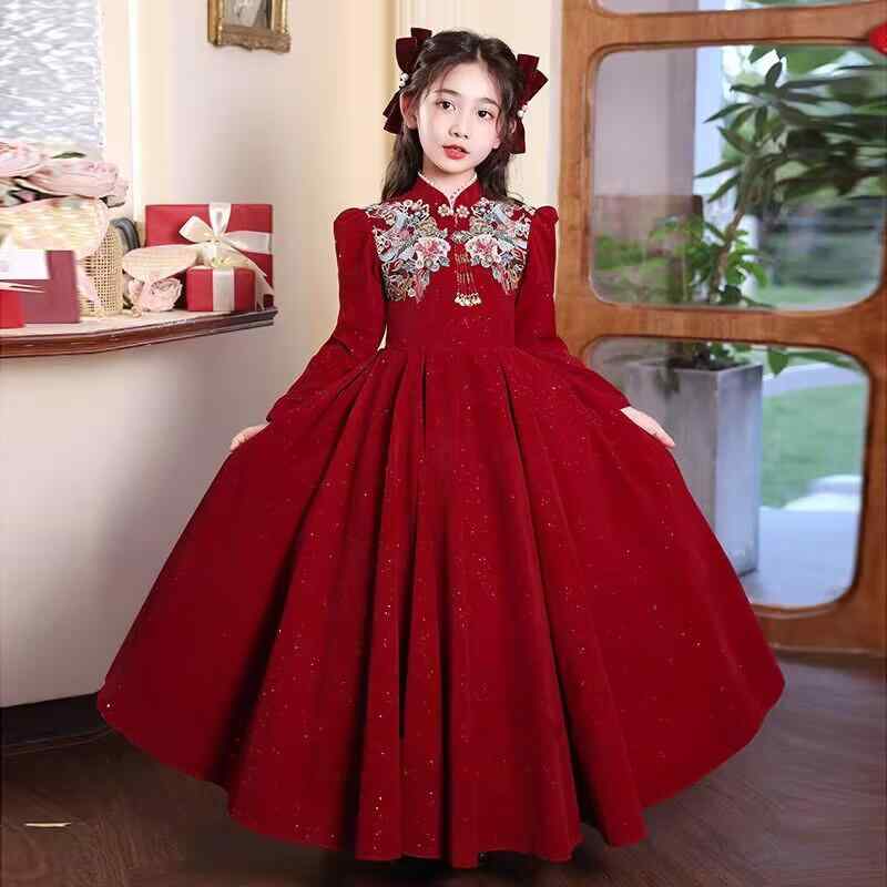 樂天商城 - ワンピース 女の子 子供服 チャイナドレス 中国風 プリンセス Aライン 長袖 花柄 赤 お正月 発表会 結婚式 秋冬 かわいい 高級感 ジュニア ステージ衣装 フレア 伝統的 華やか ポリエステル 120-170cm