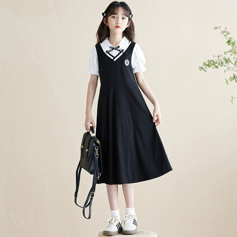 Dresses - ワンピース 女の子 キッズ 子供 ジュニア 重ね着風 フェイクレイヤード 学院風 スクールテイスト 制服風 Aライン フレア リボン おしゃれ かわいい カジュアル ポリエステル 通学 普段使い お出かけ 黒 ブラック 夏