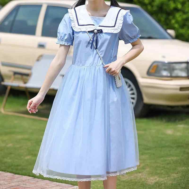 乐天商城 - ワンピース 女の子 ガールズ 中学生 子供服 プリンセスドレス チュール メッシュ 半袖 綿 コットン ライトブルー 春夏 通学 普段着 発表会 膝丈 フレア 無地 かわいい 110-170cm
