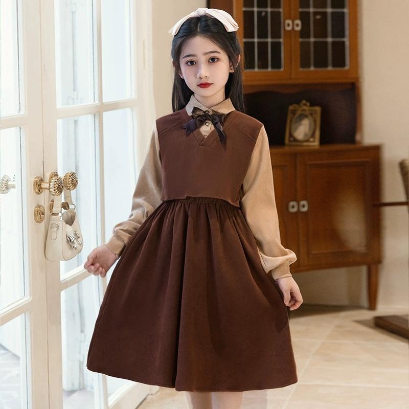 Dresses - ワンピース 女の子 キッズ 子供服 春秋 長袖 シャツワンピース フェイクレイヤード トラッド カジュアル きれいめ おしゃれ かわいい 赤 カーキ ポリエステル 無地 プリンセス 膝丈 通学 お出かけ 発表会 小学生