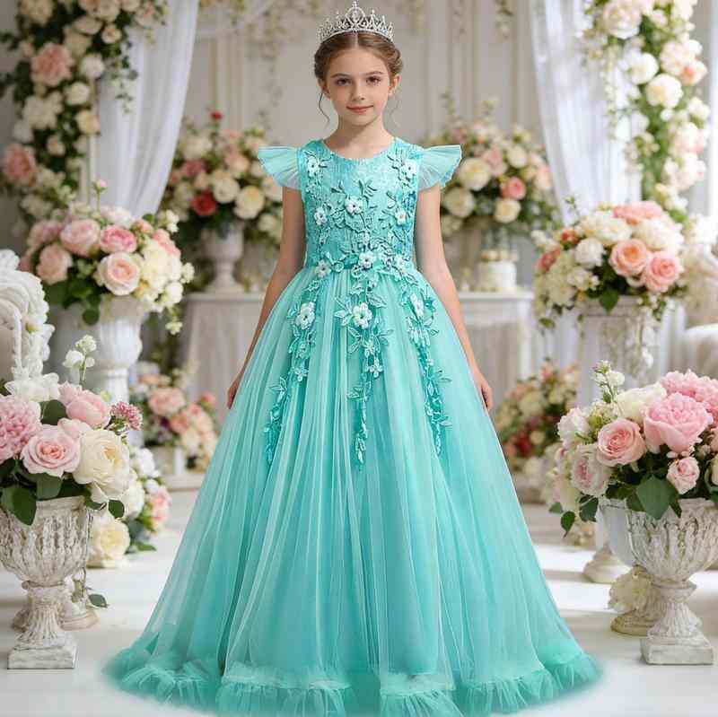 ドレス 女の子 キッズ 子供 ワンピース プリンセス チュール レース 欧米風 ふんわり ロング 発表会 結婚式 フォーマル オールシーズン 高級感 かわいい ピンク イエロー パープル ポリエステル コットン