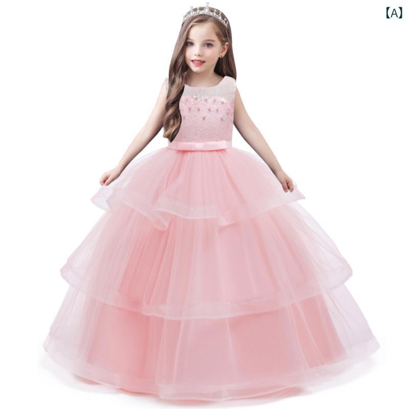 ドレス 女の子 キッズ ワンピース ロング チュール レース 発表会 結婚式 パーティー プリンセス ふんわり メッシュ ピンク パープル ブルー ポリエステル コットン オールシーズン フォーマル ガーリー かわいい チュチュ 上品 透け感 裏地 リボ 2