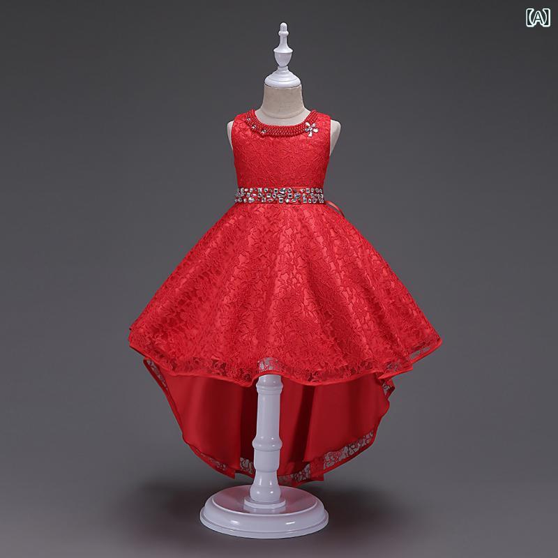ドレス 女の子 キッズ プリンセス ロングドレス ワンピース 子供服 発表会 結婚式 パーティー フラワーガール チュール レース ビーズ 刺繍 トレーン ロング丈 フォーマル 高級感 かわいい 舞台衣装 演出服 赤 黒 シャンパン オールシーズン 2