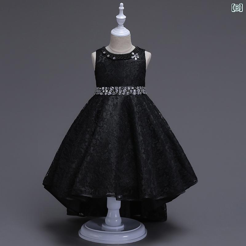 ドレス 女の子 キッズ プリンセス ロングドレス ワンピース 子供服 発表会 結婚式 パーティー フラワーガール チュール レース ビーズ 刺繍 トレーン ロング丈 フォーマル 高級感 かわいい 舞台衣装 演出服 赤 黒 シャンパン オールシーズン 3
