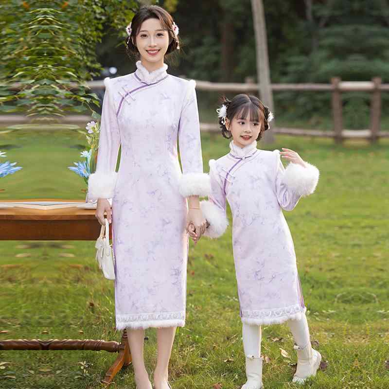 チャイナドレス 女の子 キッズ 子供 レディース 親子 ペアルック 母娘 長袖 秋冬 厚手 ベルベット ポリエステル ワンピース 中国風 レトロ スタンドカラー 立襟 タイダイ柄 お出かけ かわいい おしゃれ 高級感