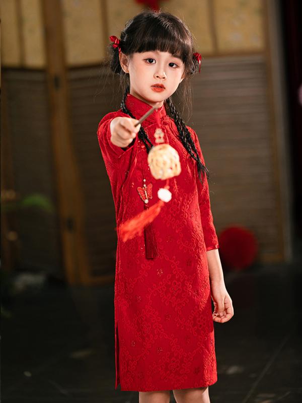 チャイナドレス 女の子 ワンピース 子供服 春夏 五分袖 ショート丈 レース 花柄 レッド 中華風 レトロ モダン キッズ 発表会 パーティー ステージ衣装 民族衣装 ポリエステル お呼ばれ 華やか かわいい おしゃれ