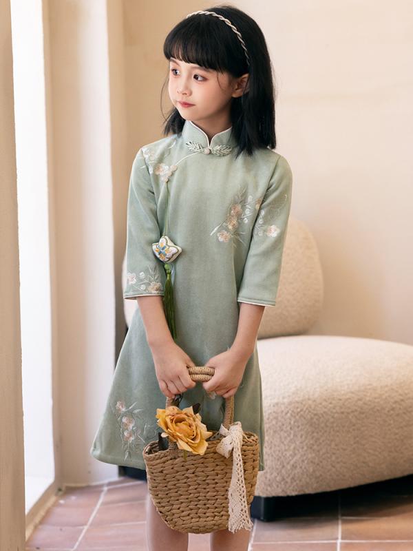 チャイナドレス 女の子 キッズ 子供服 ワンピース ドレス 春夏 中華風 花柄 フラワー 発表会 結婚式 パーティー お出かけ 上品 エレガント ポリエステル 110cm 120cm 130cm 140cm 150cm 160cm