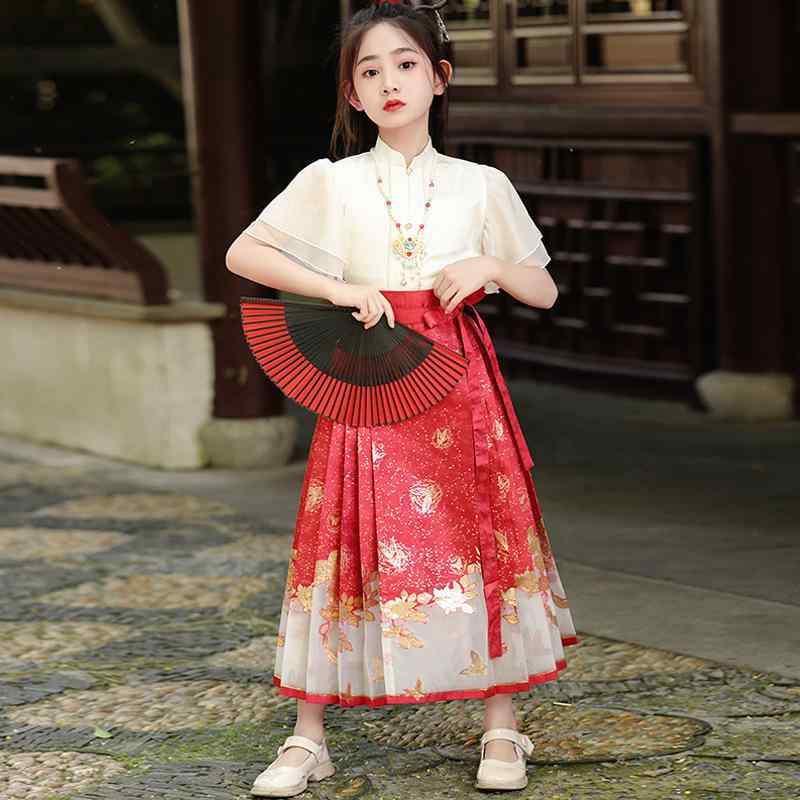 漢服 女の子 セットアップ 上下セット 唐装 中華服 馬面風 マミェンスカート 赤 レッド ゴールド 織金 明朝スタイル 高級感 花柄 刺繍 かわいい 春夏 お出かけ 発表会 ポリエステル 柔らかい 伝統的 華やか frontop-13301030 フロントップ楽天市場店 パッケージ画像