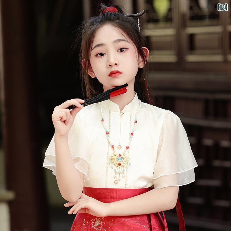 漢服 女の子 セットアップ 上下セット 唐装 中華服 馬面風 マミェンスカート 赤 レッド ゴールド 織金 明朝スタイル 高級感 花柄 刺繍 かわいい 春夏 お出かけ 発表会 ポリエステル 柔らかい 伝統的 華やか frontop-13301030 フロントップ楽天市場店 サンプル画像3