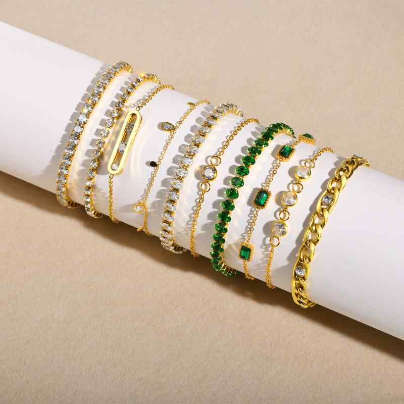 樂天商城 - ブレスレット レディース ステンレス チタン鋼 ジルコニア ゴールド グリーン 欧米風 レイヤード 重ね付け 個性的 おしゃれ 通勤 ビジネス 普段使い 腕輪 バングル ジュエリー アクセサリー 高級感 錆びにくい 金属 オールシーズン