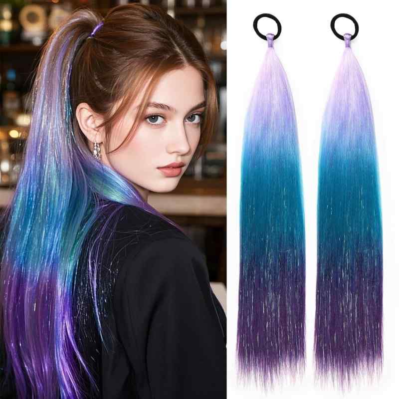 ウィッグ メンズ レディース ポニーテール 三つ編み かつら つけ毛 編み込み ボクサーブレイズ ヘアゴム エクステ 髪飾り ヘアアクセサリー オーロラ ラメ キラキラ グラデーション 派手 ダンス イベント コスプレ フェス ヘアティンセル 耐熱ファイ