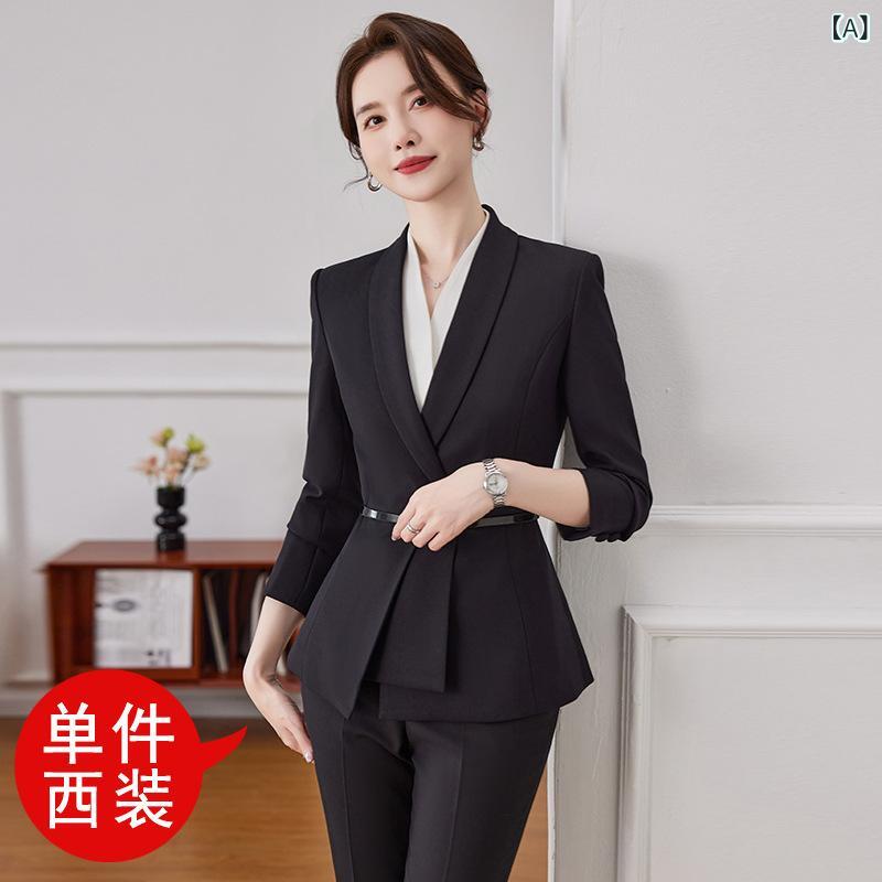 セットアップ レディース スーツ テーラードジャケット パンツ スカート 事務服 制服 仕事用 通勤 接客 フォーマル 長袖 ポリエステル 春秋 エレガント 高級感 ブラック ダークブルー ブラウン frontop-13307907 フロントップ楽天市場店 サンプル画像2