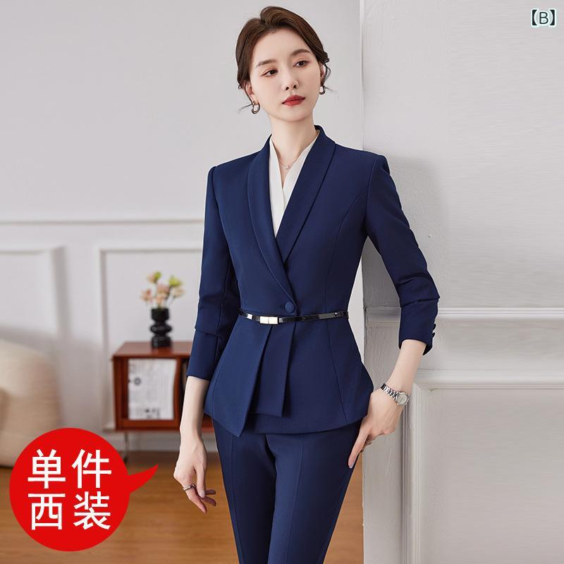 セットアップ レディース スーツ テーラードジャケット パンツ スカート 事務服 制服 仕事用 通勤 接客 フォーマル 長袖 ポリエステル 春秋 エレガント 高級感 ブラック ダークブルー ブラウン frontop-13307907 フロントップ楽天市場店 サンプル画像3