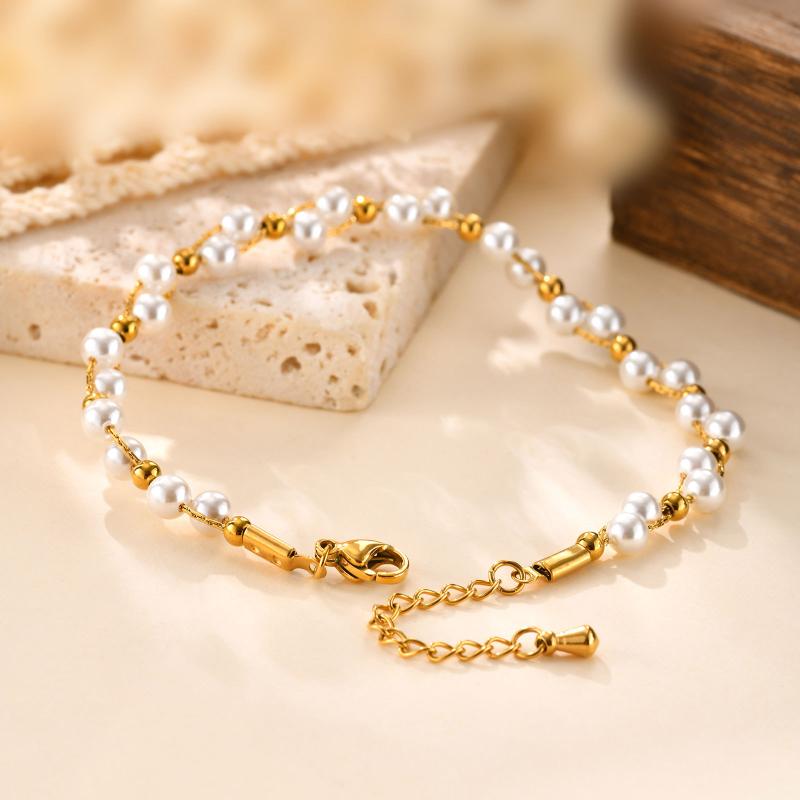 팔찌 - ブレスレット レディース ステンレス チェーン 貝パール 18k ゴールド 電気メッキ加工 金属 シンプル おしゃれ かわいい 通勤 オフィス 普段使い オールシーズン カジュアル エレガント 高級感 錆びにくい 華奢