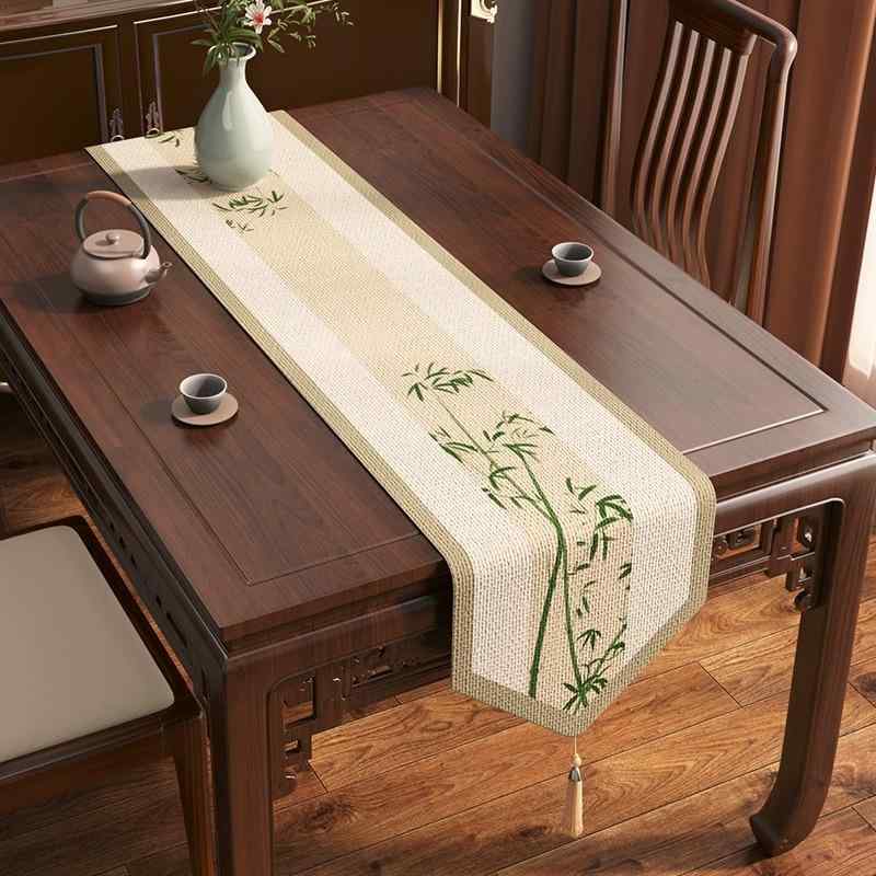 Table Runners - テーブルランナー 和モダン 禅 リネン調 高級感 センタークロス ロング ティー ダイニング リビング 装飾 花柄 ボタニカル タッセル ポリエステル インテリア 雑貨 アジアン シック エレガント オリエンタル 上品