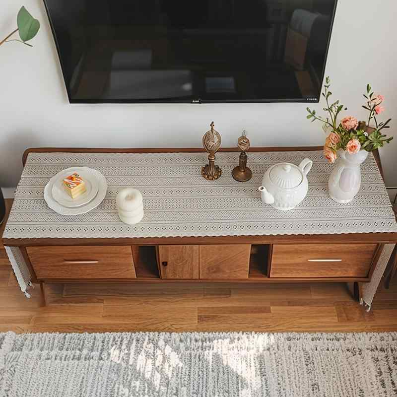 Table Runners - テーブルランナー アメリカン ヴィンテージ風 高級感 アイボリー レース 刺繍 ロング 滑り止め シンプル モダン テーブルセンター センタークロス コーヒーテーブル テレビボード テレビ台 シューズラック 玄関 リビング ダイニング インテリア 敷物