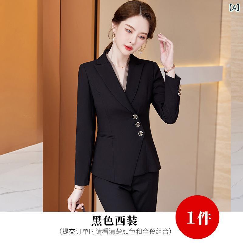 パンツスーツ レディース セットアップ 事務服 テーラードジャケット 秋冬 接客 営業 マネージャー 仕事用 フォーマル 高級感 ポリエステル レーヨン ブラック ブルー ダークグリーン 通勤 オフィス ビジネス frontop-13308090 フロントップ楽天市場店 サンプル画像2
