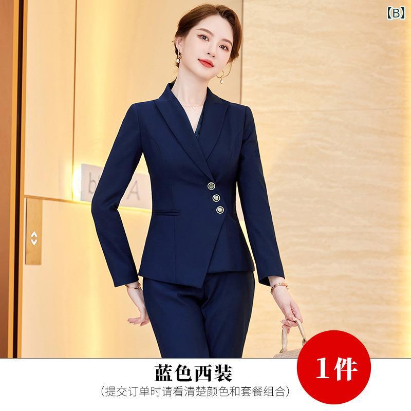 パンツスーツ レディース セットアップ 事務服 テーラードジャケット 秋冬 接客 営業 マネージャー 仕事用 フォーマル 高級感 ポリエステル レーヨン ブラック ブルー ダークグリーン 通勤 オフィス ビジネス frontop-13308090 フロントップ楽天市場店 サンプル画像3