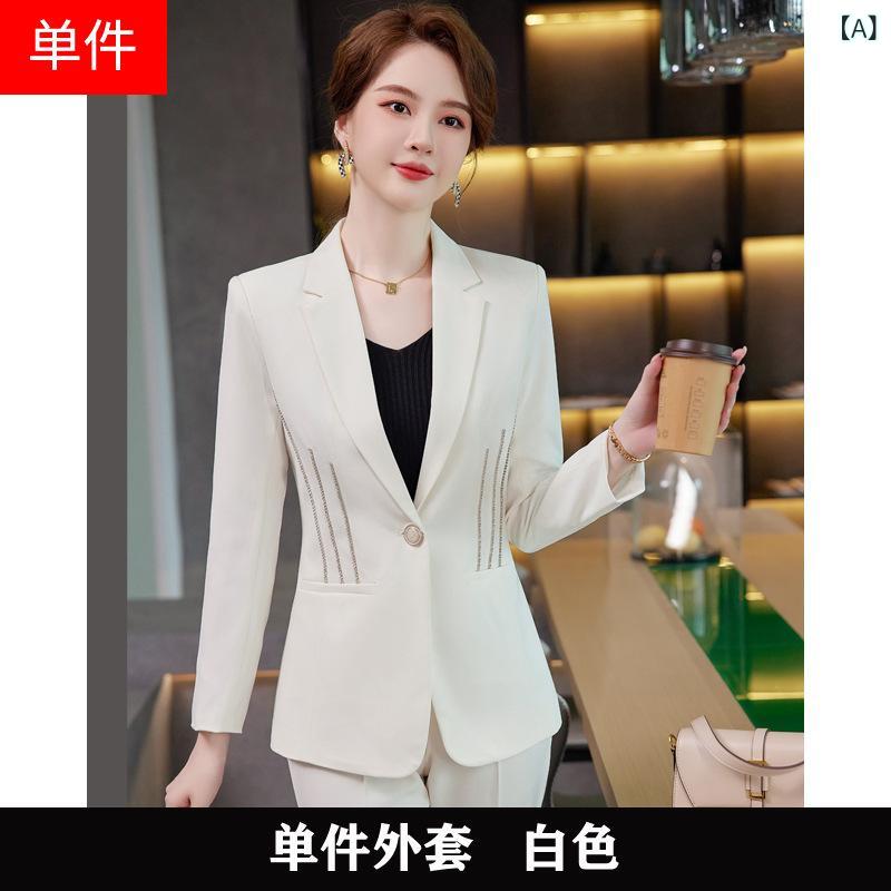 フロントップ楽天市場店のスーツ レディース セットアップ テーラードジャケット パンツ 通勤 フォーマル オフィス ショート丈 五分袖 フレアスリーブ 上品 エレガント 高級感 ポリエステル 秋冬 ブラック ホワイト カーキ おしゃれ｜アングル2
