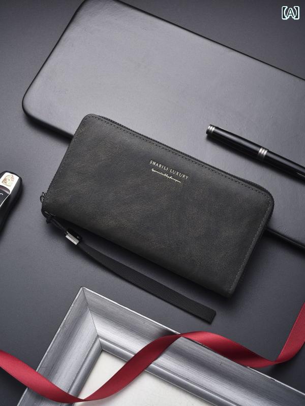 U, 吉 - 長財布 メンズ 男性用 大容量 ファスナー クラッチ セカンドバッグ カード収納 小銭入れ スマホポケット 多機能 二つ折り 合皮 PUレザー 無地 バイカラー カジュアル ビジネス 通勤 高級感 ブラック ブルー ブラウン