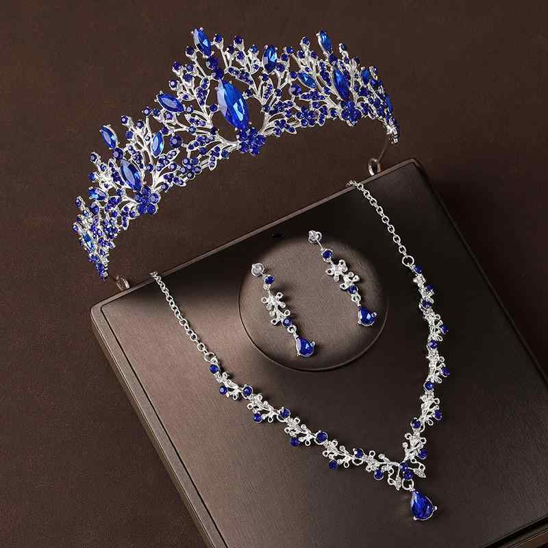 ヘッドドレス レディース ピアス ネックレス 3点セット 王冠 ティアラ ブライダル 花嫁 ウェディング 結婚式 披露宴 パーティー ブルー ジルコニア バロック調 華やか 高級感 エレガント キラキラ 合金 秋冬 髪飾り