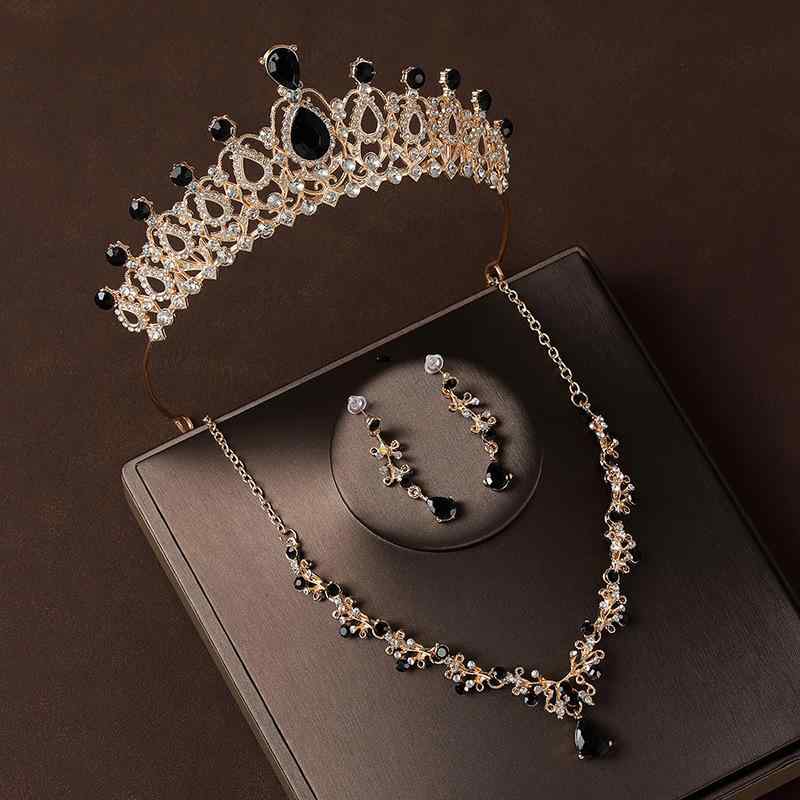 ティアラ レディース 王冠 ネックレス ピアス セット ヘッドドレス 髪飾り アクセサリー ジュエリー バロック調 レトロ プリンセス 黒 ブラック ウェディング 結婚式 パーティー 華やか ゴージャス 秋冬