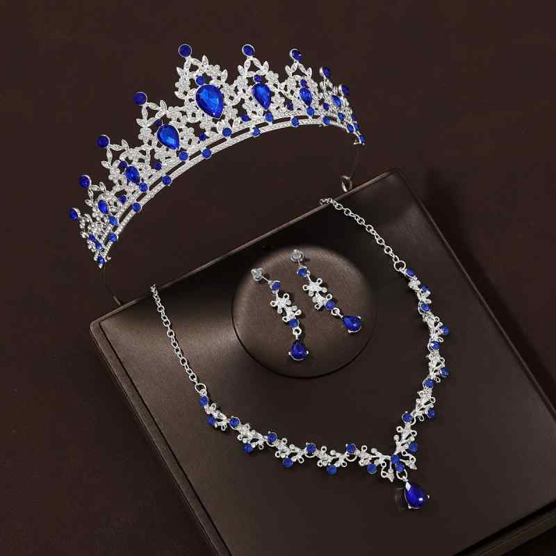 ティアラ レディース ネックレス ピアス セット 王冠 ヘッドドレス 髪飾り 結婚式 パーティー 誕生日 花嫁 アクセサリー 青 ラインストーン クリスタル 合金 電気メッキ加工 ドレス 高級感 華やか 上品 オールシーズン